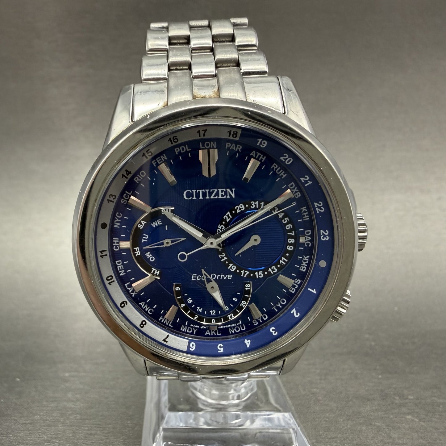 Citizen Eco-Drive Calendrier Watch Men 44mm Blue Dial Steel Daydate BU2021 Runs0