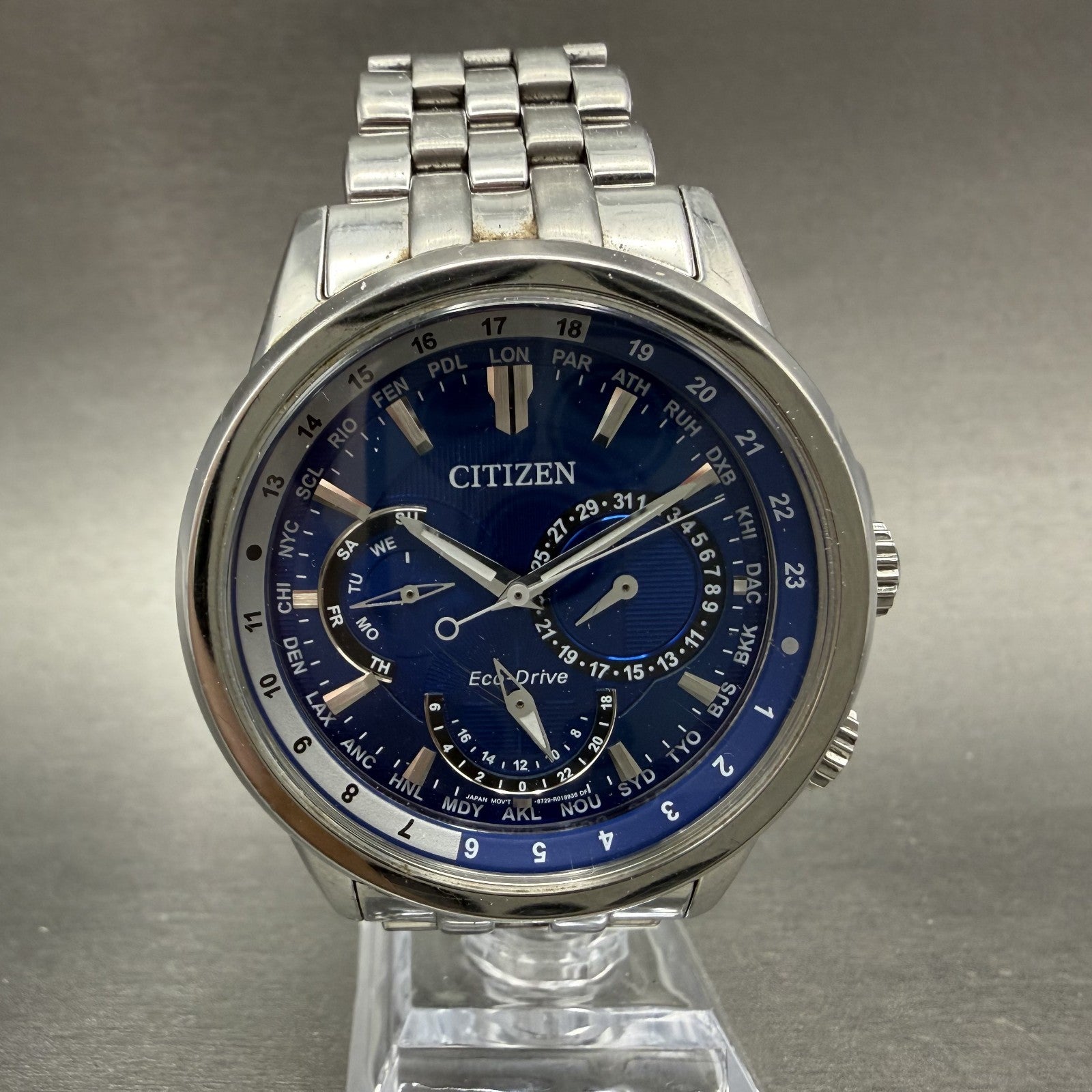 Citizen Eco-Drive Calendrier Watch Men 44mm Blue Dial Steel Daydate BU2021 Runs0