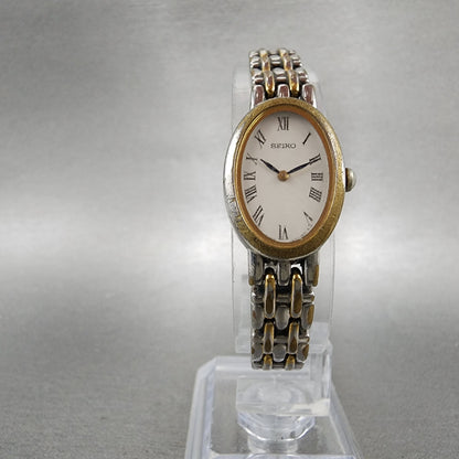 Seiko Watch Women 17mm White Dial Two Tone Oval Vintage V4001029 New Battery5