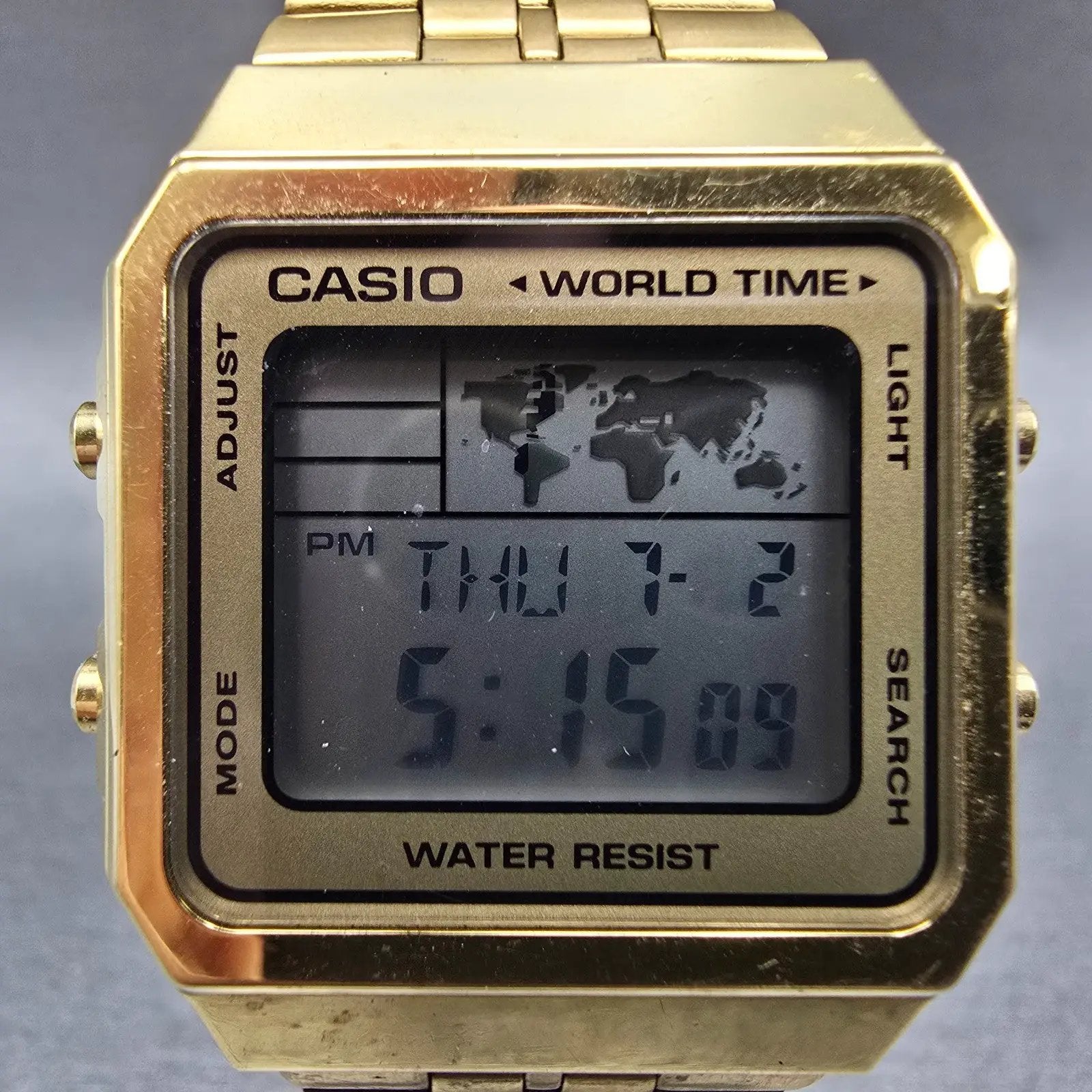 Casio World Time Watch Men 33mm Digital Gold Alarm Chronograph A500W New Battery1