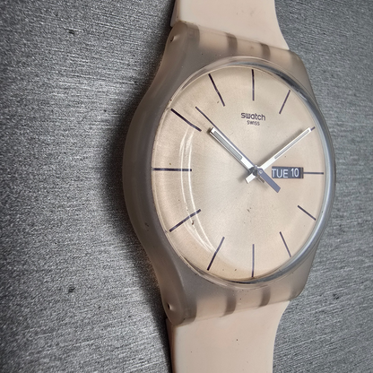 Swatch Rose Rebel Watch Men 41mm Pink Dial Pink Tone Daydate SUOT700 New Batt CH5