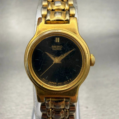 Seiko Watch Women 19mm Black Dial Gold Tone Round V401-0518 New Battery Vintage0