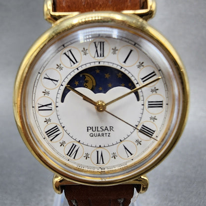 Pulsar Watch Women 26mm White Dial Gold Tone Sun Moon Round V8290010 New Batt1