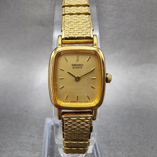 Seiko Watch Women 18mm Champagne Dial Gold Tone Rectangle 1N005K29 New Battery0