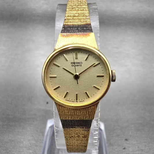 Seiko Watch Women 20mm Gold Dial Gold Tone Oval 1421-5710 New Battery Vintage0