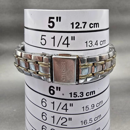 Seiko Solar Watch Women 28mm MOP Dial Two Tone Date Gemmed Round V137-0AD0 Works9