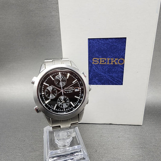Seiko Chronograph Watch Men 37mm Black Dial Steel Date Alarm Round New Battery