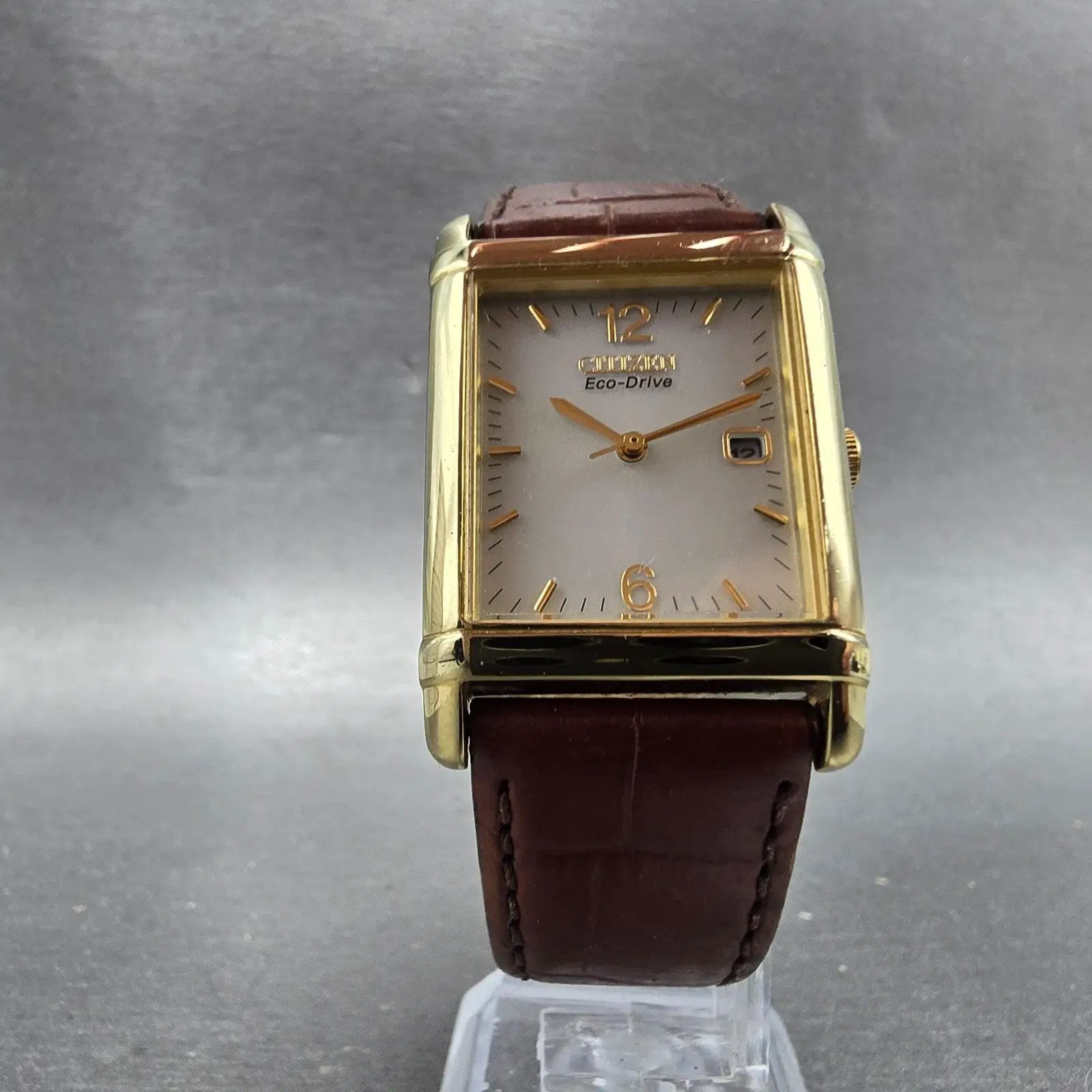 Citizen Eco-Drive Tank Watch Men 25mm Silver Dial Gold Tone Rectangle Date Runs6