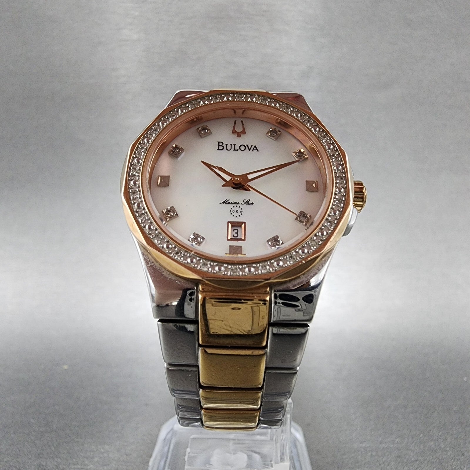 Bulova Marine Star Watch Women 30mm MOP Dial Two Tone Date Diamonds 98W11 NewBat5