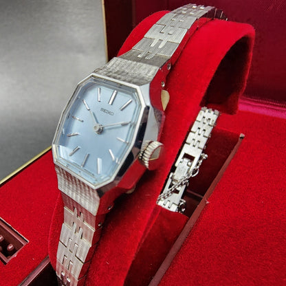 Seiko Watch Women 19mm Blue Dial Silver Tone Rectangle Manual Wind Runs NOS2