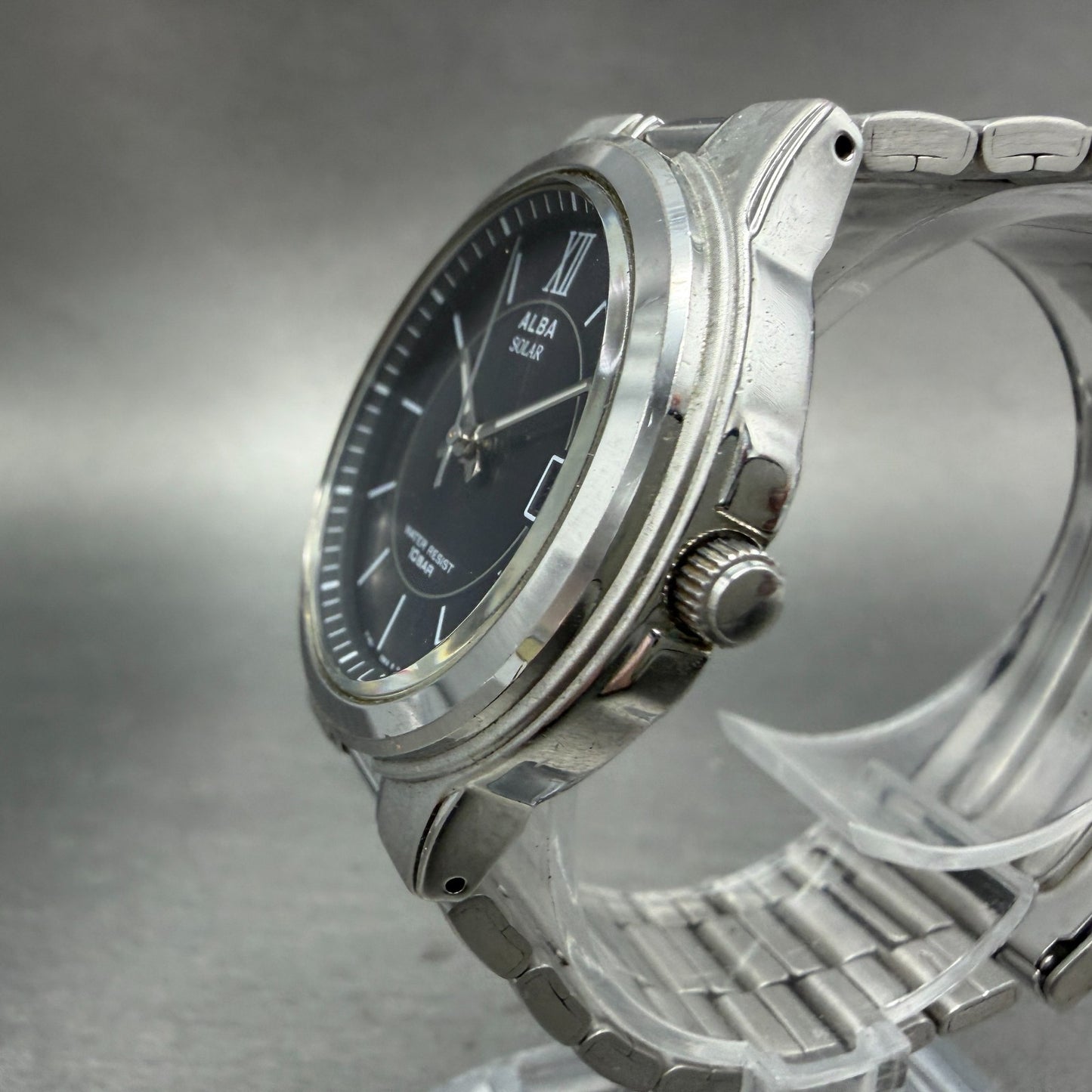 Seiko Alba Solar Watch Men 36mm black Dial Silver Tone Date V145-0AT0 Runs2