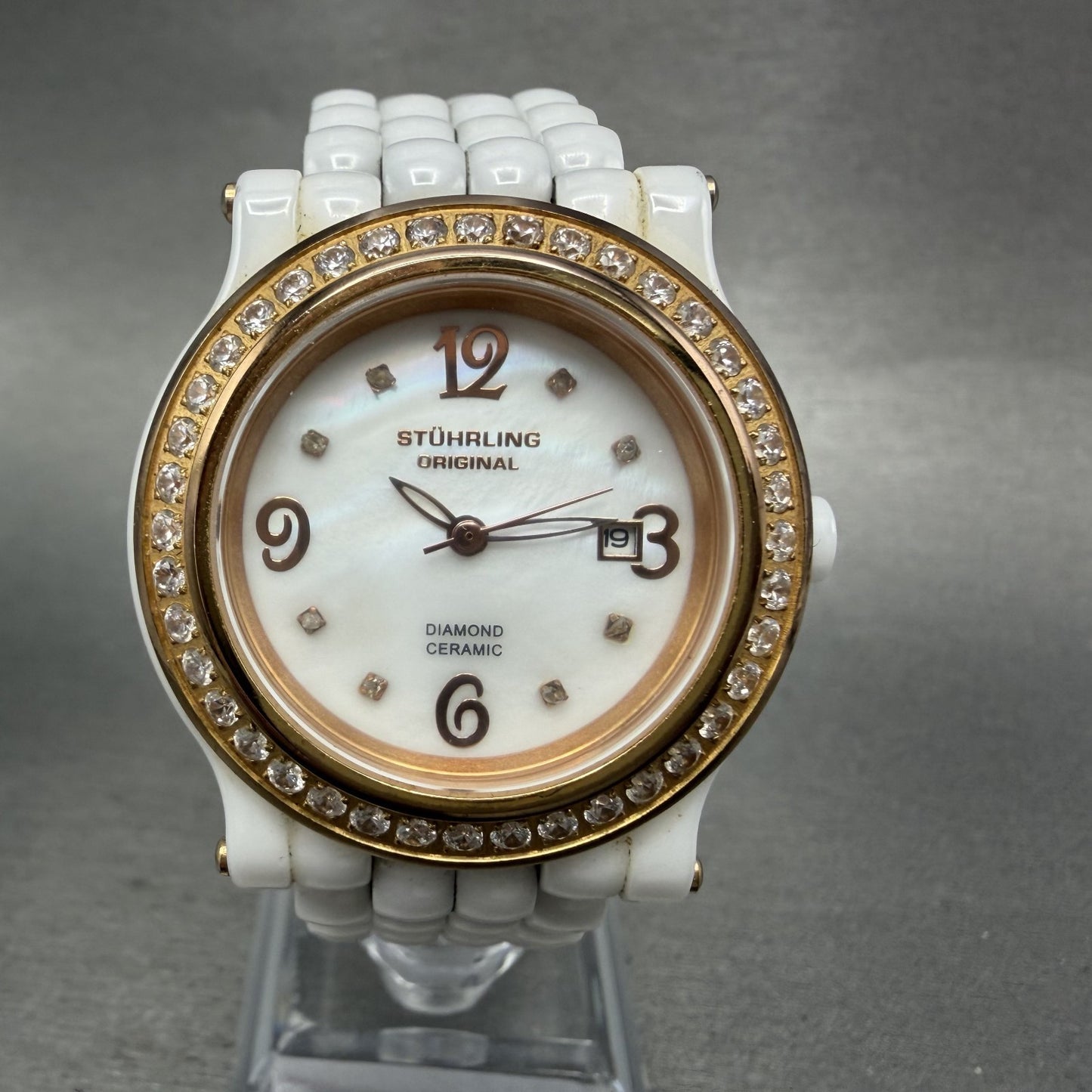 Stuhrling Fusion Watch Women 35mm MOP Dial Whiter Ceramic Diamond Bezel New Batt0