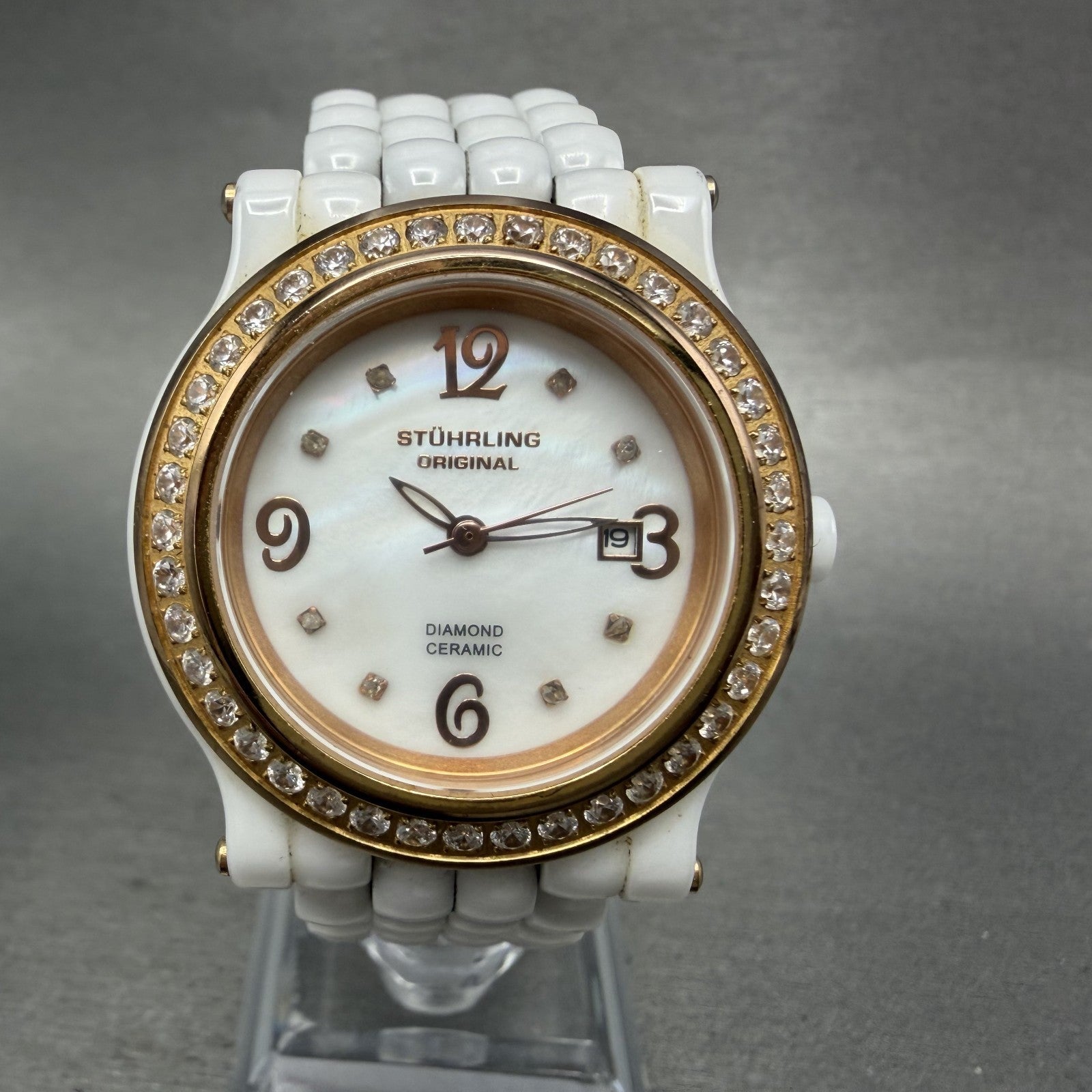 Stuhrling Fusion Watch Women 35mm MOP Dial Whiter Ceramic Diamond Bezel New Batt0