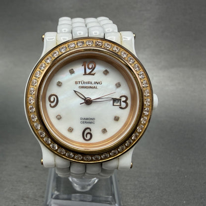 Stuhrling Fusion Watch Women 35mm MOP Dial Whiter Ceramic Diamond Bezel New Batt0