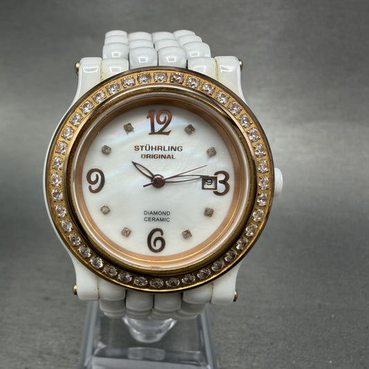 Stuhrling Fusion Watch Women 35mm MOP Dial Whiter Ceramic Diamond Bezel New Batt0