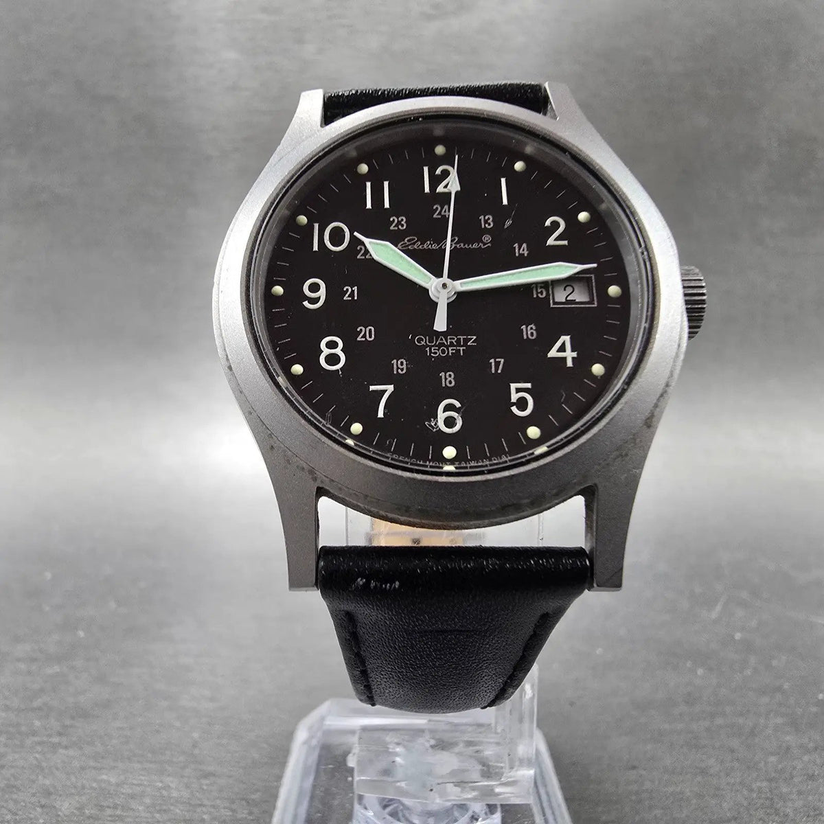Eddie Bauer Watch Men 34mm Black Dial Silver Tone Date Round Leather New battery6