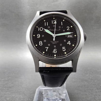 Eddie Bauer Watch Men 34mm Black Dial Silver Tone Date Round Leather New battery6