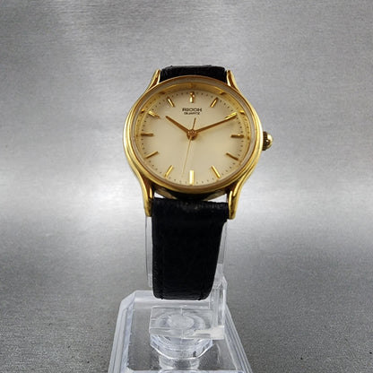 Ricoh Watch Women 25mm Champagne Gold Tone Round Leather Band New Battery6