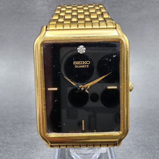 Seiko Tank Watch Men 27mm Black Dial Gold Tone Rectangle 5Y30-5189 New Battery
