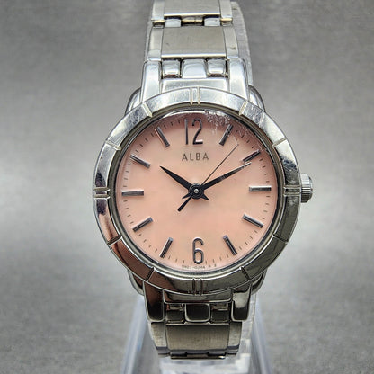 Seiko ALBA Watch Women 24mm Pink MOP Dial Steel Round 1N010EN0 New Battery0