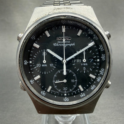 Seiko Chronograph Watch Men 37mm Black Dial Steel Daydate 7A38-7270 New Battery0