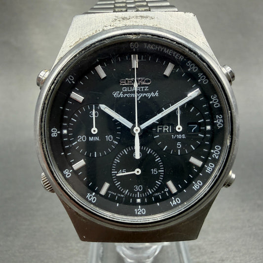 Seiko Chronograph Watch Men 37mm Black Dial Steel Daydate 7A38-7270 New Battery0