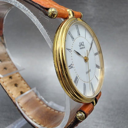 Jaz Paris Watch Women 30mm White Dial Gold Tone Round Leather Band New Battery3