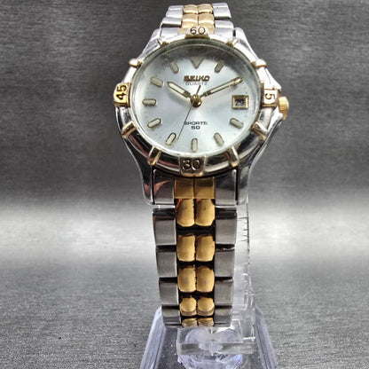 Seiko Sports 50 Watch Women 25mm Silver Dial Two Tone Date 7N82-0261 New Batt JP5