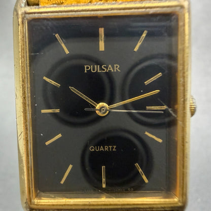 Seiko Pulsar Tank Watch Men 24mm Black Dial Gold Tone V501-5A20 New Battery VTG1