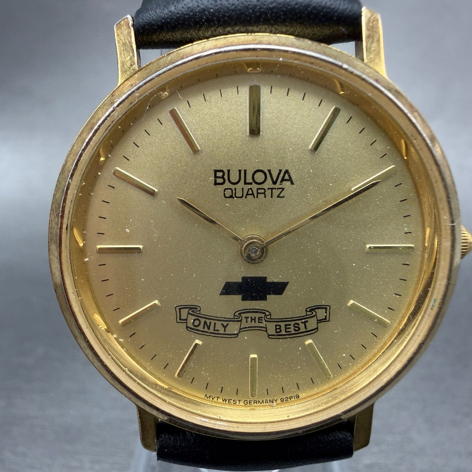 Bulova Chevrolet Watch Unisex 31mm Gold Dial Gold Tone Round 92P19 New Battery1
