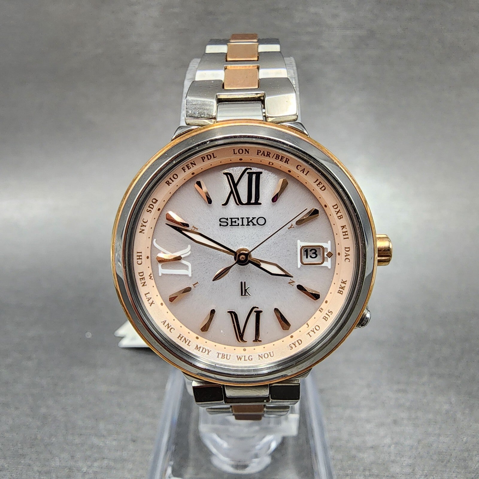 Seiko Lukia Watch Women 28mm Silver Dial Two Tone Date Solar Round Runs SSVV0200