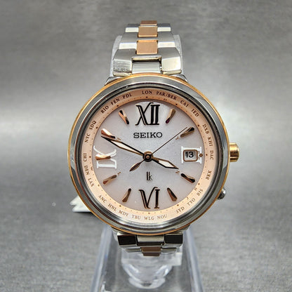 Seiko Lukia Watch Women 28mm Silver Dial Two Tone Date Solar Round Runs SSVV0200