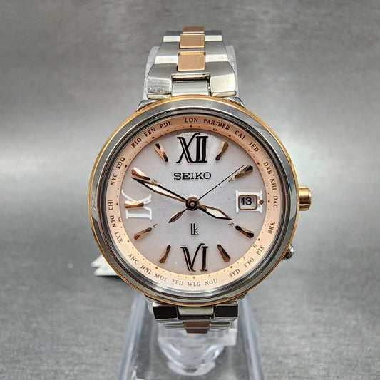 Seiko Lukia Watch Women 28mm Silver Dial Two Tone Date Solar Round Runs SSVV0200