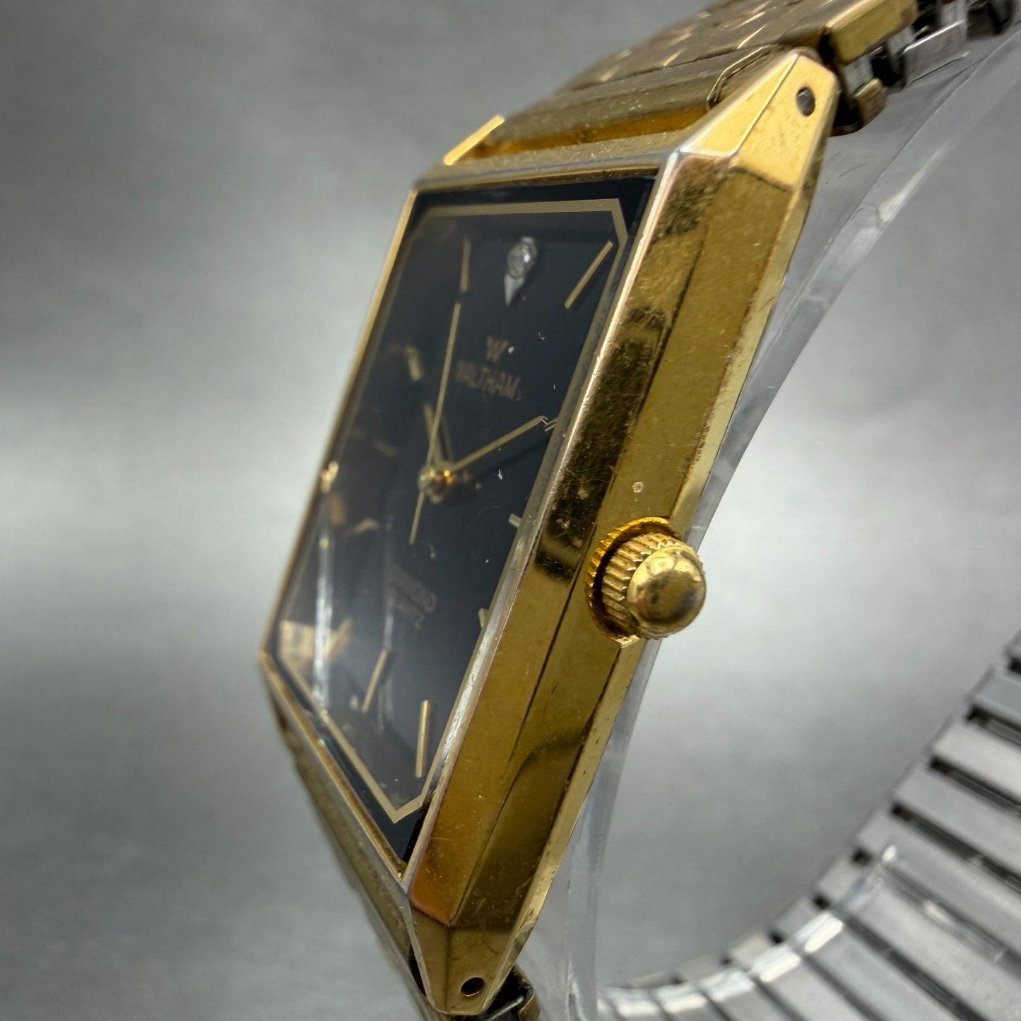 Waltham Tank Watch Men 25mm Black Dial Gold Tone Rectangle New Battery2