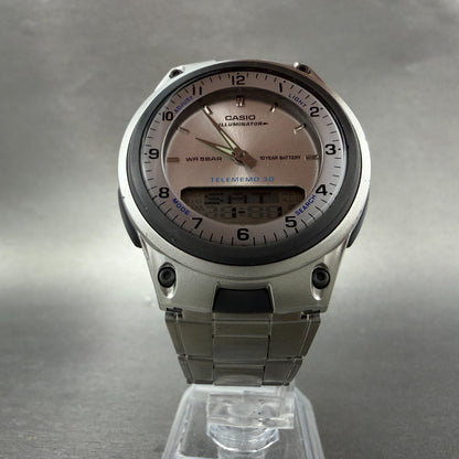 Casio Illuminator Watch Men 40mm Analog Digital Silver Alarm Chrono AW-80 NewBat5