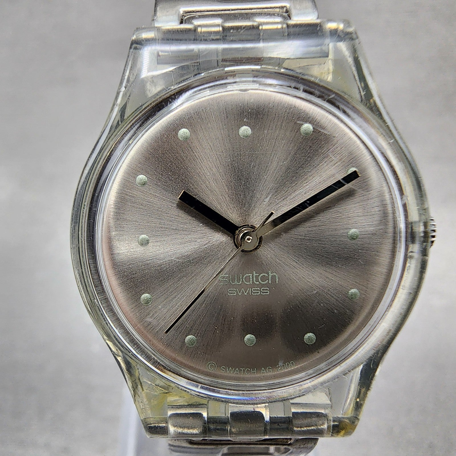 Swatch Watch Women 25mm Silver Dial Clear Case Round New Battery VTG1