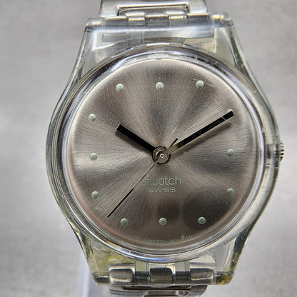 Swatch Watch Women 25mm Silver Dial Clear Case Round New Battery VTG1