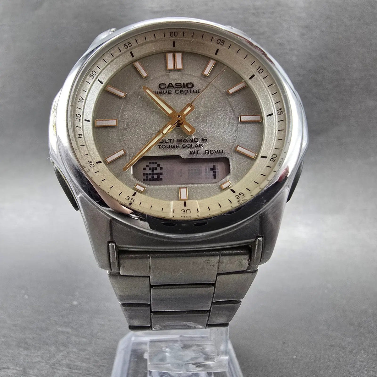 Casio Wave Ceptor WVA-M630 Watch Men 42mm Champagne Dial Steel Solar Analog Digi5