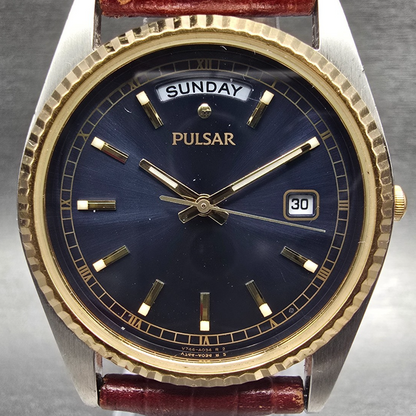 Pulsar President Mens Watch 35mm Blue Dial Two Tone Daydate V744-X004 New Batt1