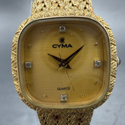 Cyma Watch Women 22mm Gold Dial Gold Tone Rectangle 806 New Battery Vintage1