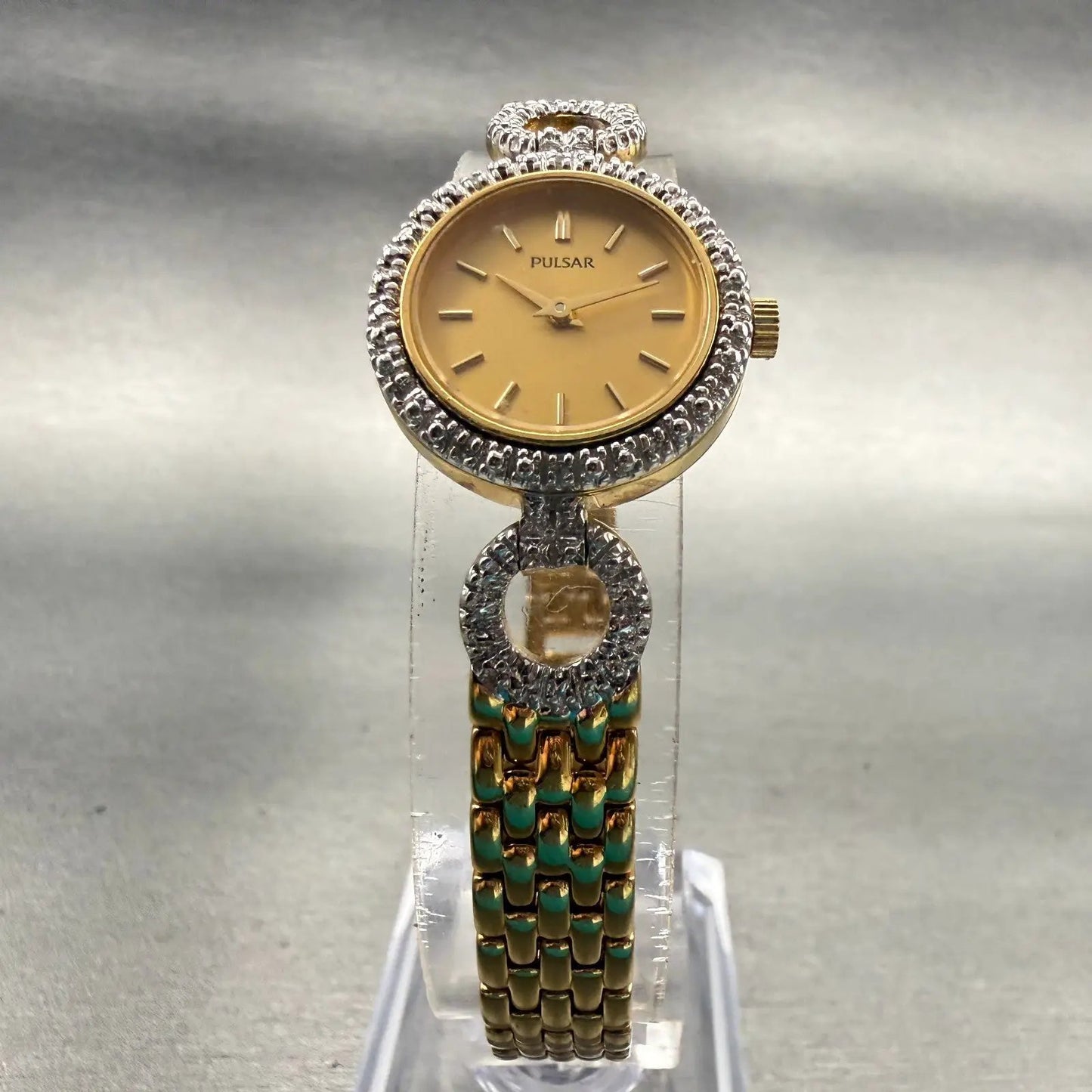 Seiko Pulsar Watch Women 20mm Gold Dial Gold Tone Gemmed V400L782A New Battery5