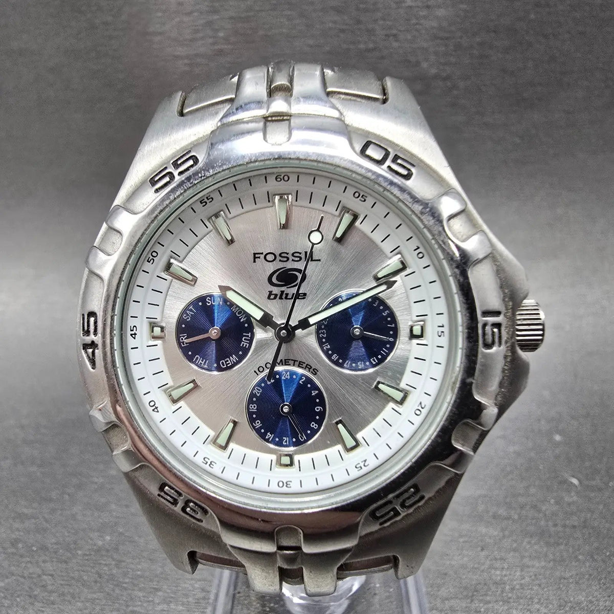 Fossil Blue Watch Men 40mm White Dial Silver Tone Daydate BQ9165 New Battery0