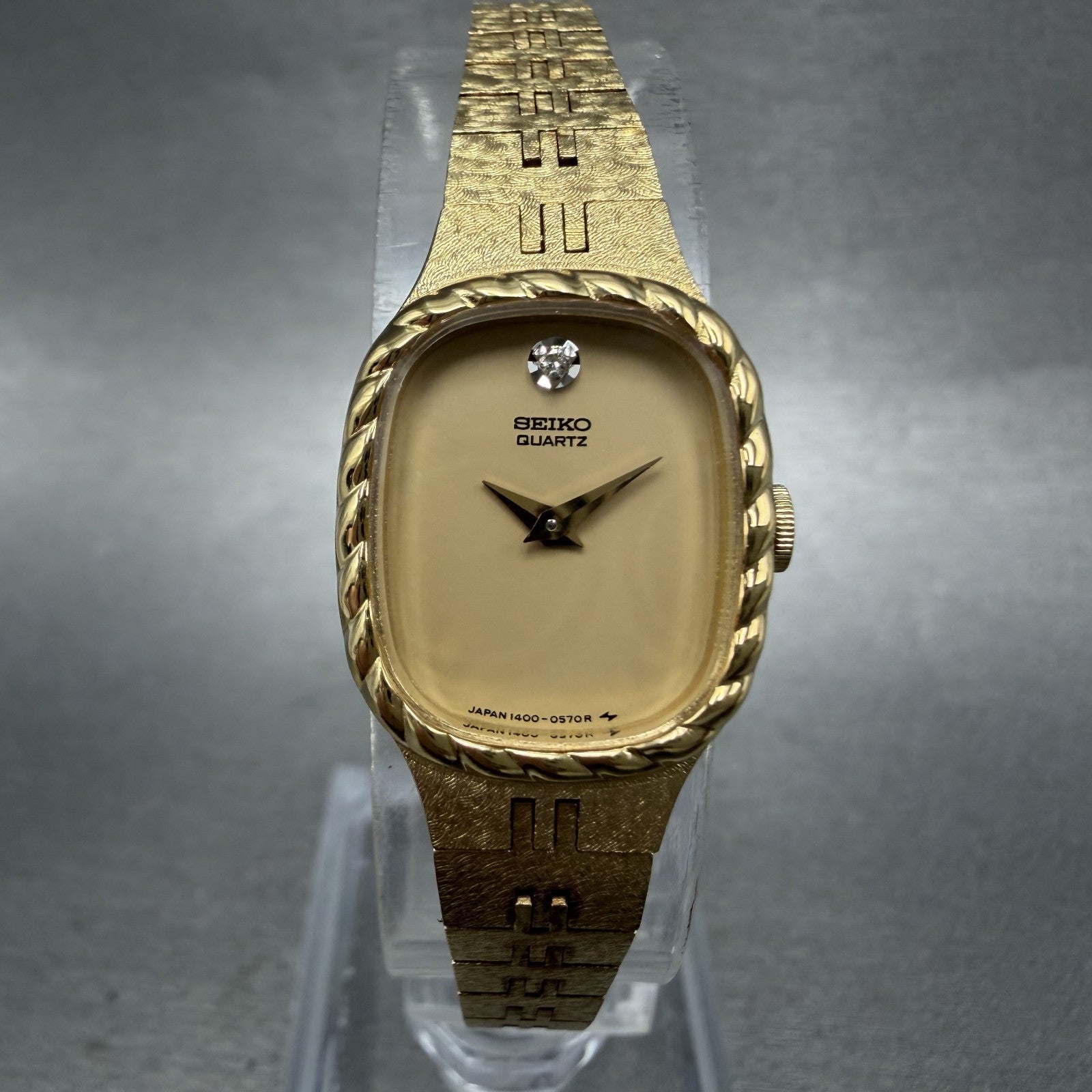 Seiko Watch Women 17mm Tan Dial Gold Tone Rectangle 1400-5349 New Battery0