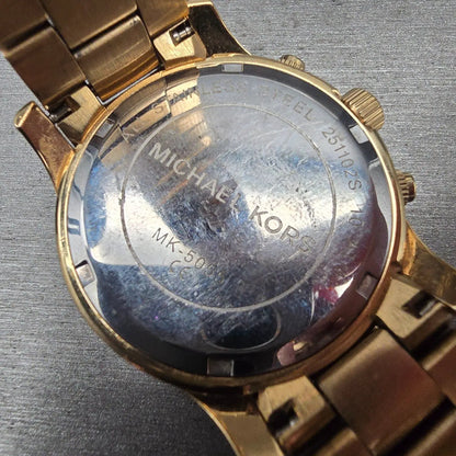 Michael Kors Runway Watch Women 37mm Gold Dial Gold Tone Chrono MK5055 New Batt310