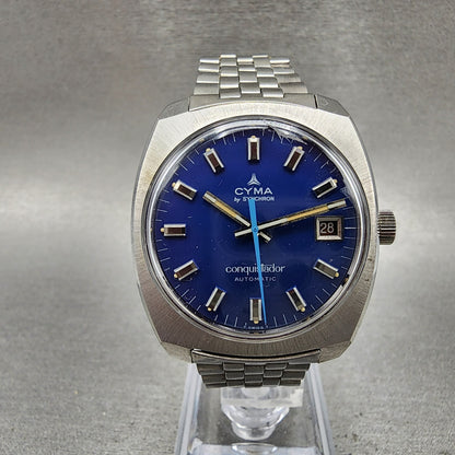 Cyma Conquistador Automatic Watch Men 34mm Blue Dial Steel Date Round Runs