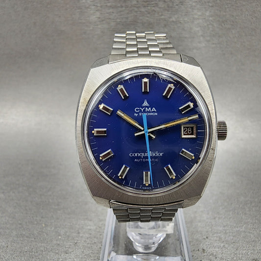 Cyma Conquistador Automatic Watch Men 34mm Blue Dial Steel Date Round Runs