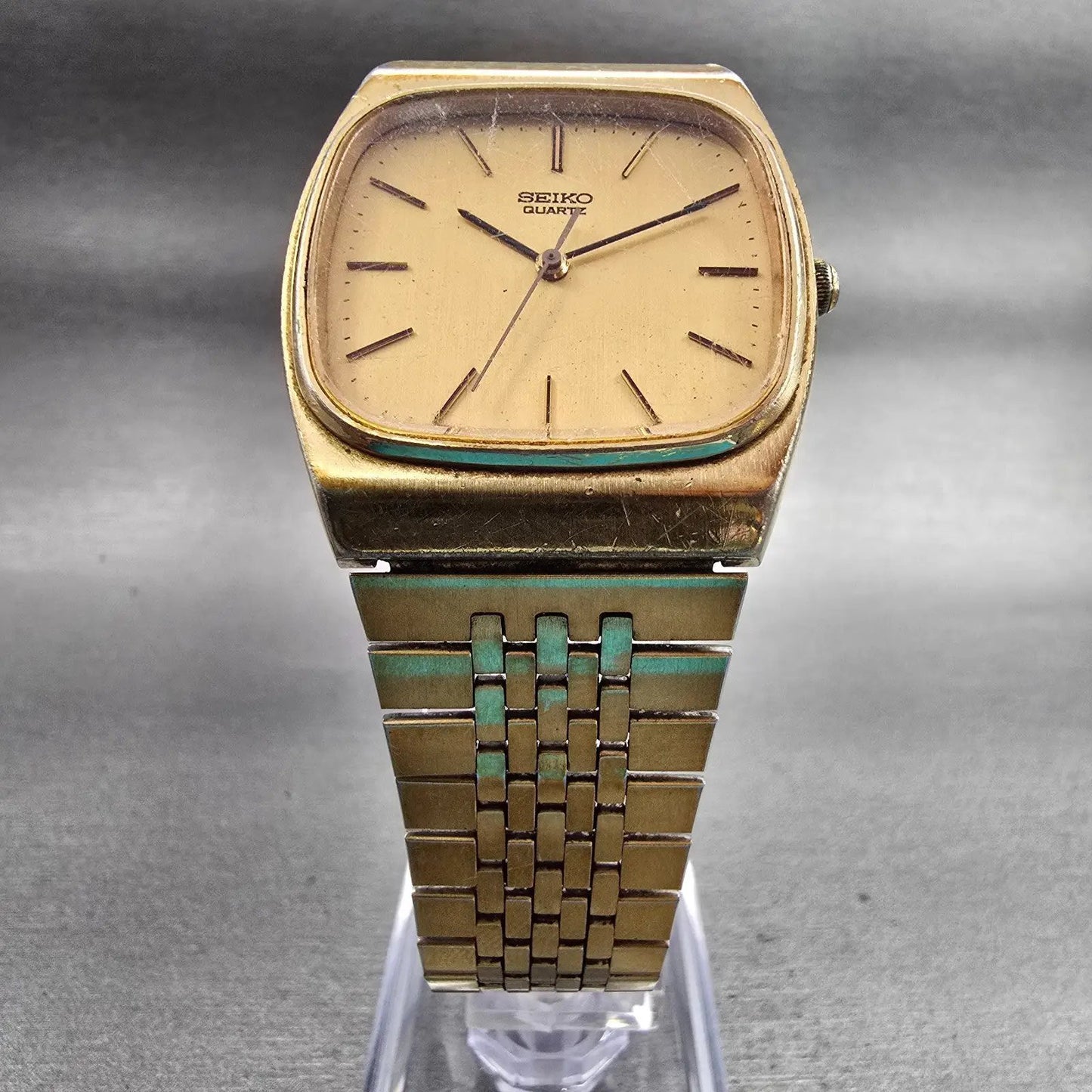 Seiko Watch Men 31mm Gold Dial Gold Tone Rectangle 7810-5139 New Battery Vintage5