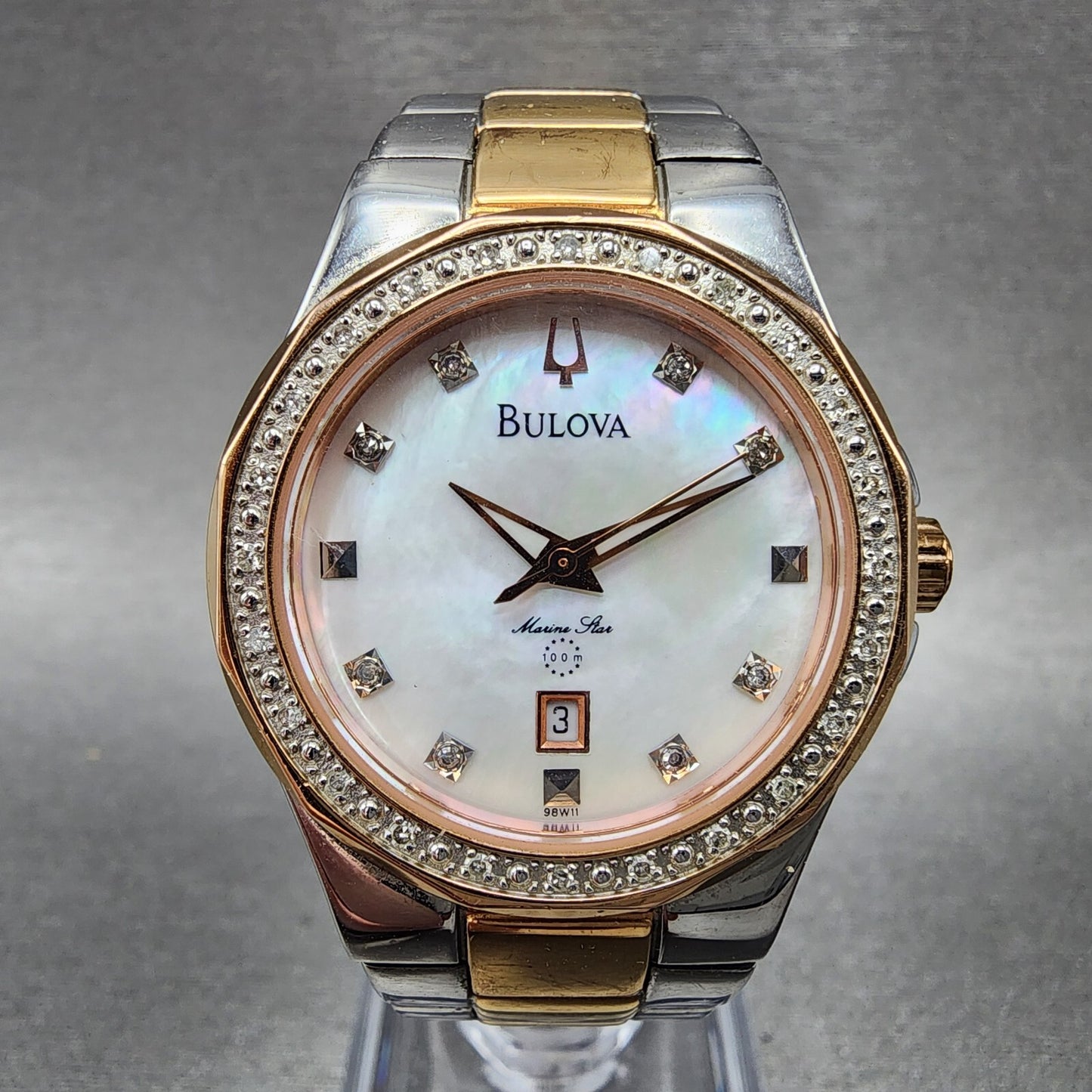 Bulova Marine Star Watch Women 30mm MOP Dial Two Tone Date Diamonds 98W11 NewBat0