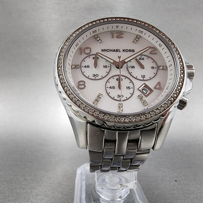 Michael Kors Glitz Chronograph Watch Women 42mm MOP Dial Steel Date Round MK53465