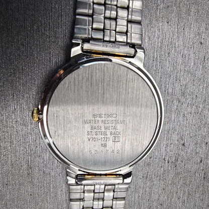 Seiko Watch Men 34mm Blue Dial Two Tone Round V701-1771 New Battery Vintage10